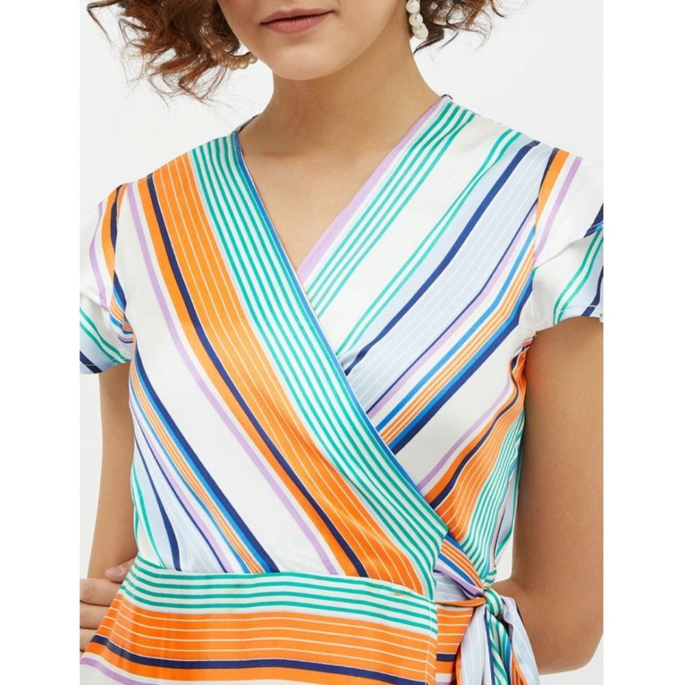 Women's Satin Striped Short Sleeve Knee-Length Dress (Multicolor)