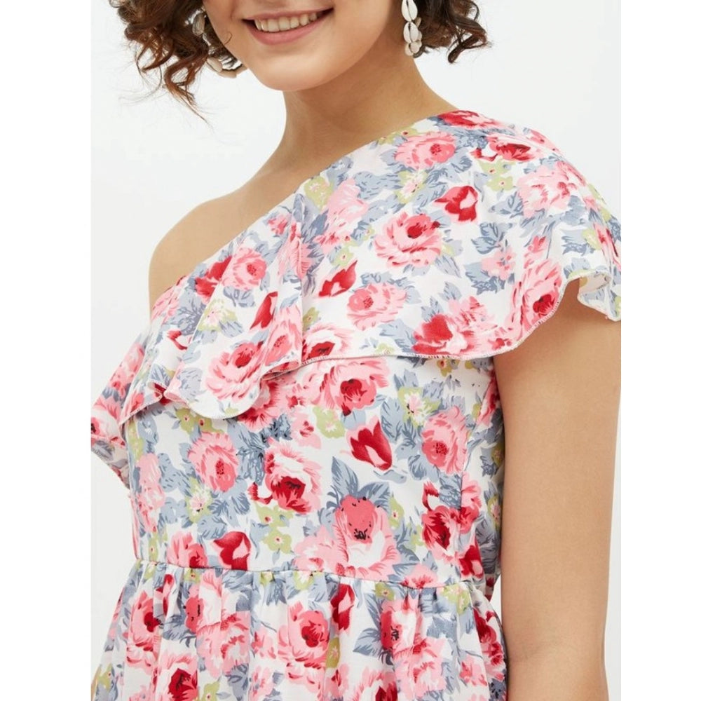 Women's Polyester Floral One Shoulder Calf-length Dress (Multicolor)
