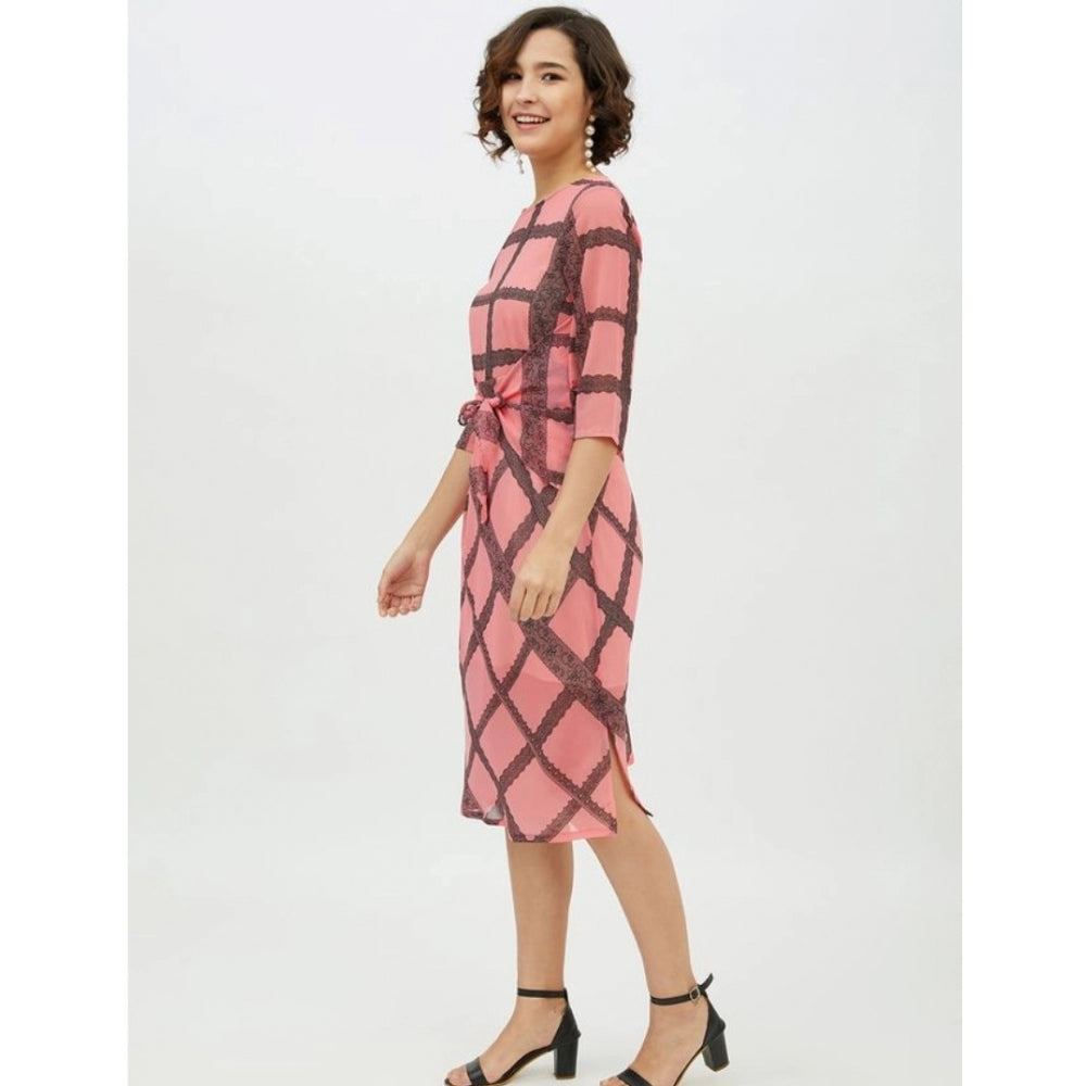 Women's Polyester Checkered 3-4th Sleeves Below Knee Dress (Pink)