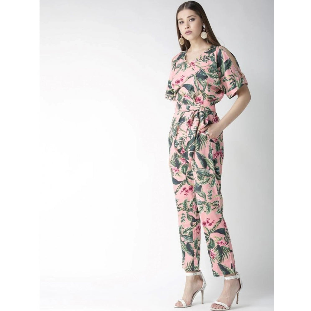 Women's Polyester Floral Half Sleeve Jumpsuit (Pink)