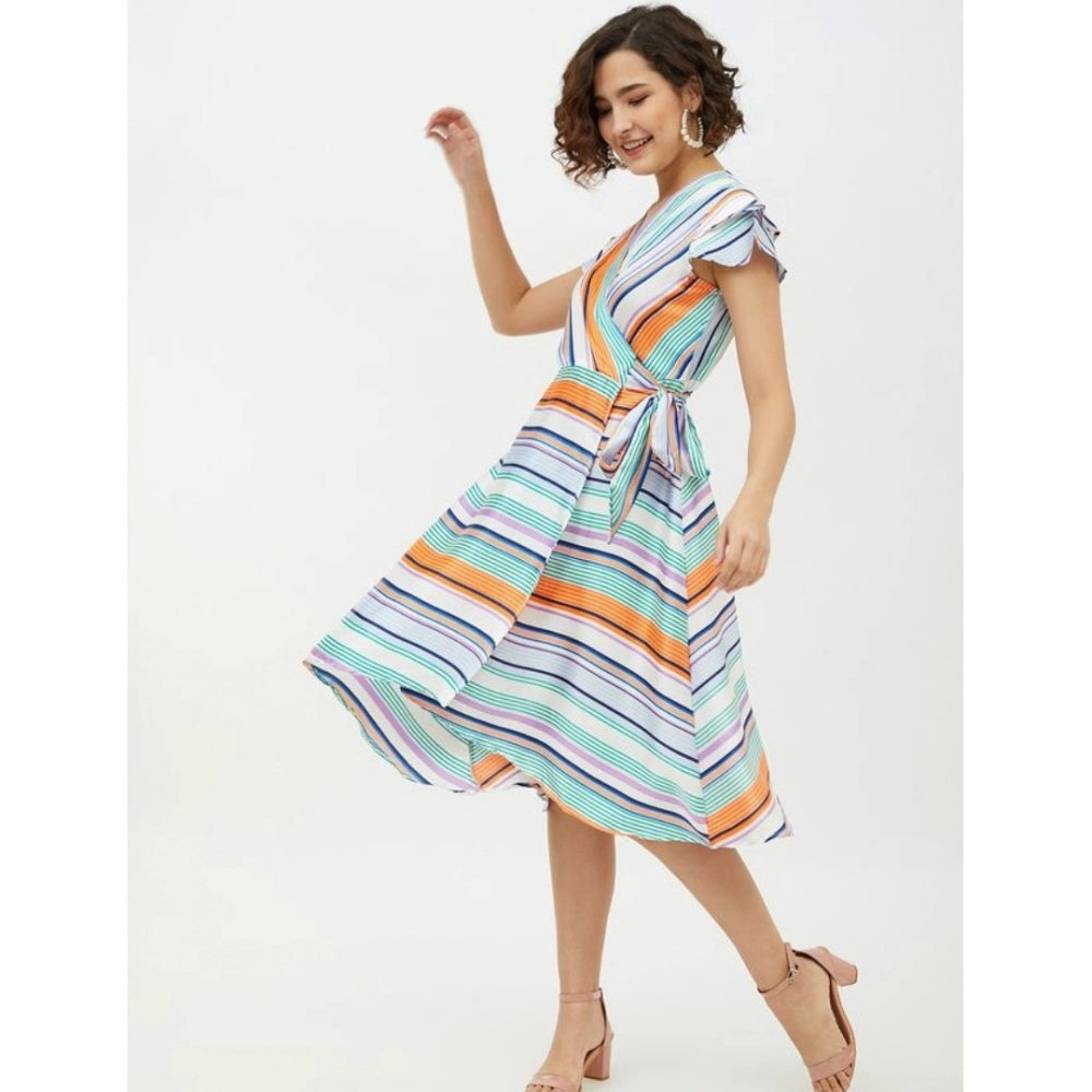 Women's Satin Striped Short Sleeve Knee-Length Dress (Multicolor)