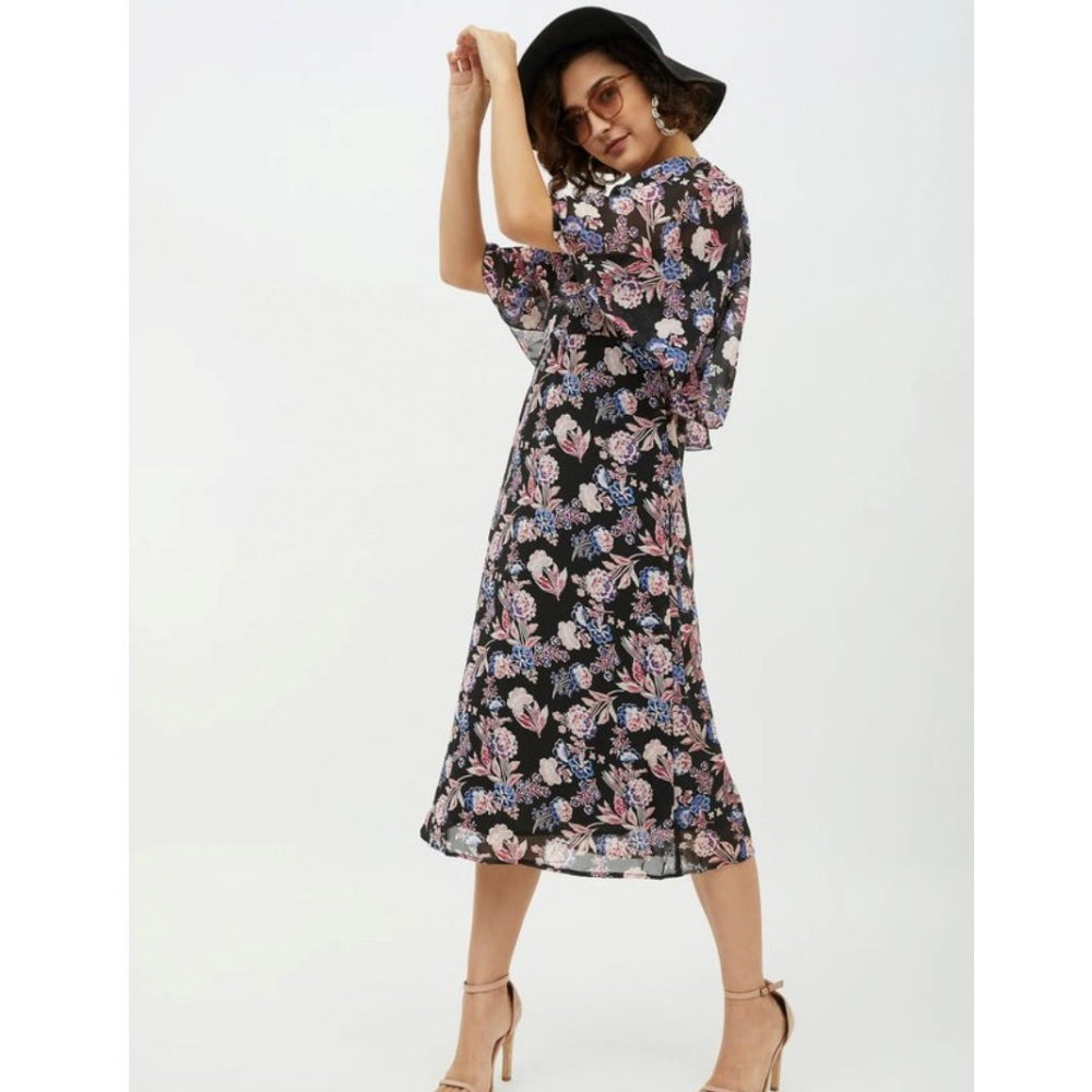Women's Polyester Chain Print Cap Sleeve Calf-length Dress (Multicolor)