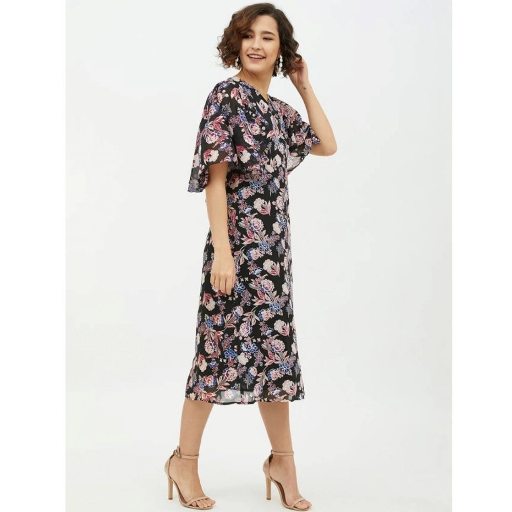 Women's Polyester Chain Print Cap Sleeve Calf-length Dress (Multicolor)