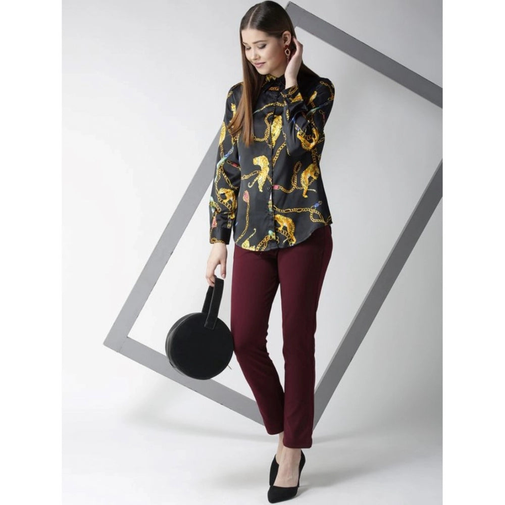 Women's Satin Printed Long Sleeves Standard Length Shirt (Black - Gold)