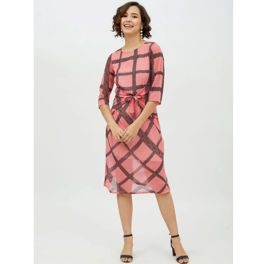 Women's Polyester Checkered 3-4th Sleeves Below Knee Dress (Pink)