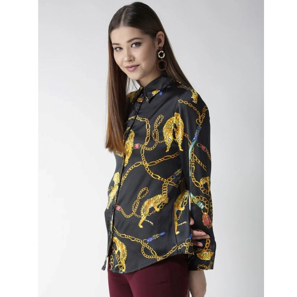 Women's Satin Printed Long Sleeves Standard Length Shirt (Black - Gold)