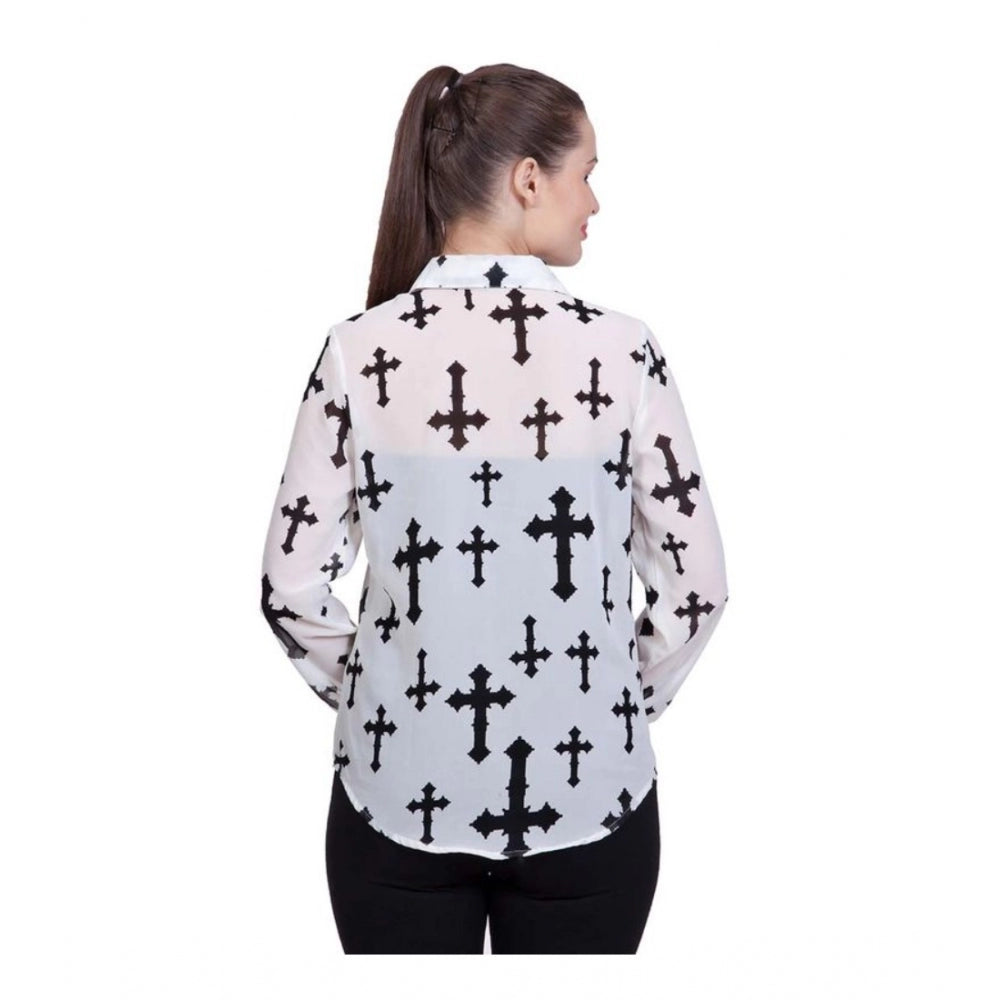 Women's Polyester Printed Long Sleeves Standard Length Shirt (White)