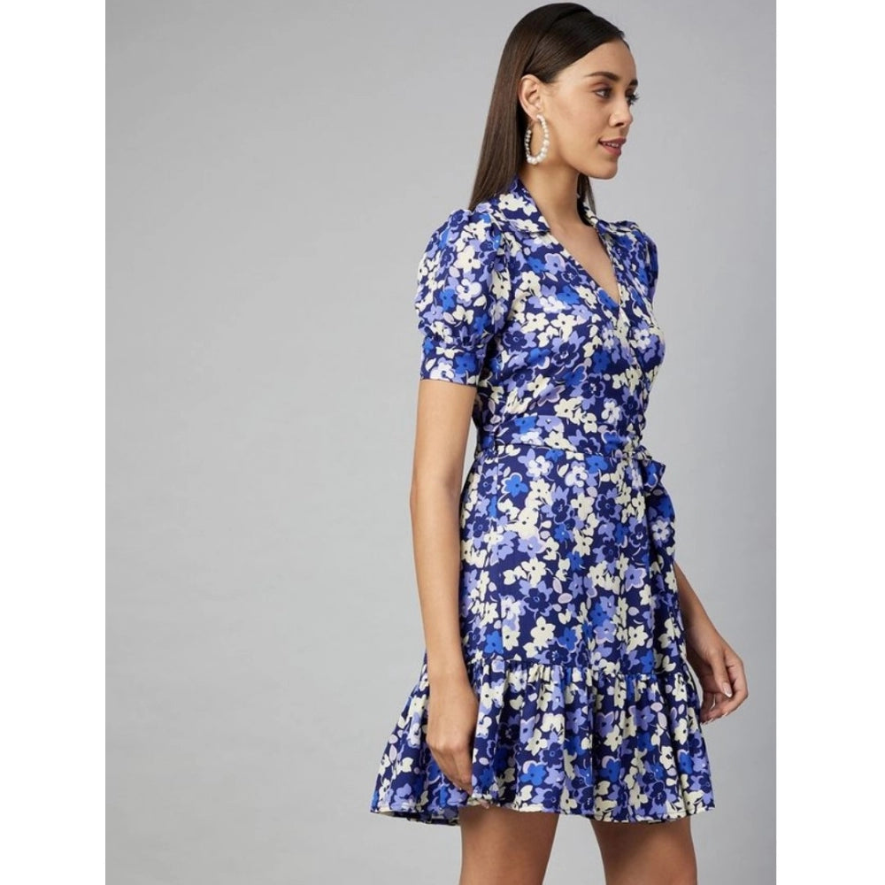 Women's Polyester Floral Short Sleeve Above Knee Dress (Blue - Purple)