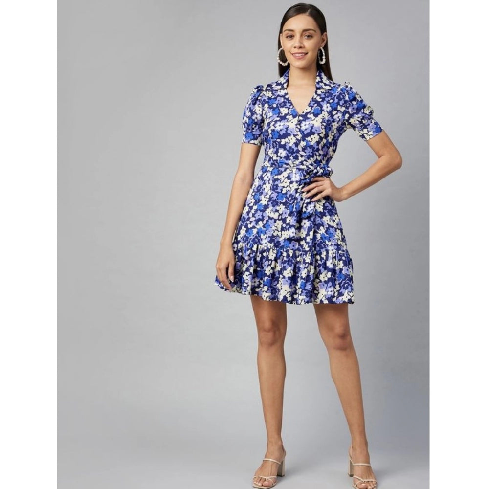 Women's Polyester Floral Short Sleeve Above Knee Dress (Blue - Purple)
