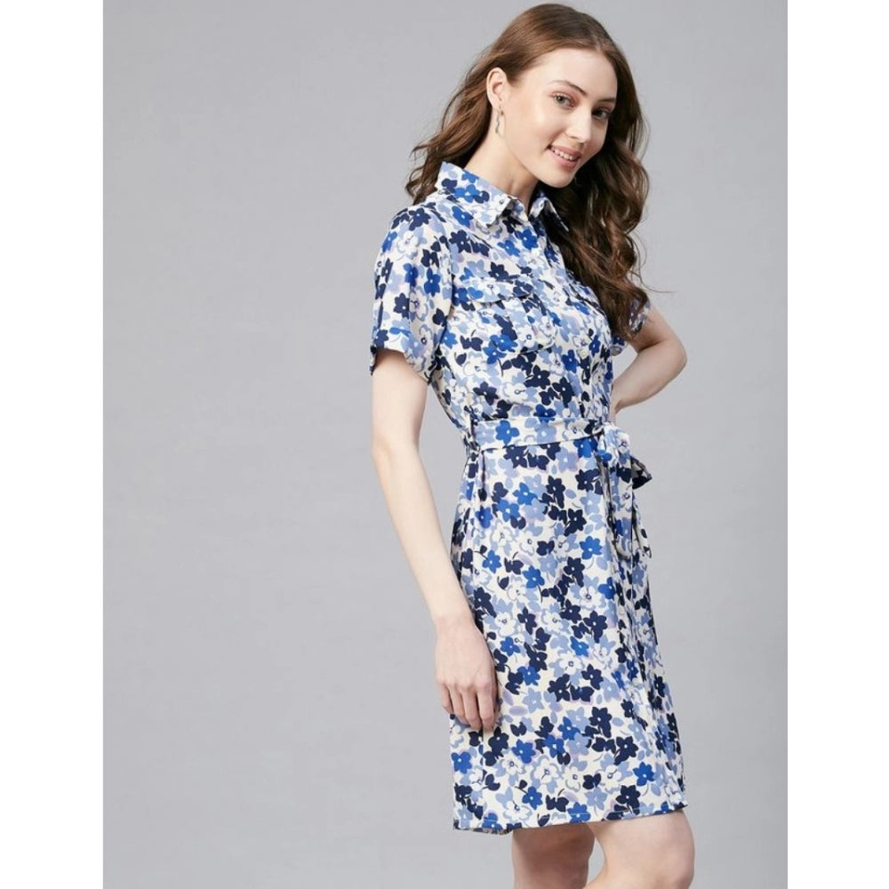 Women's Polyester Floral Short Sleeve Above Knee Dress (Blue - White)
