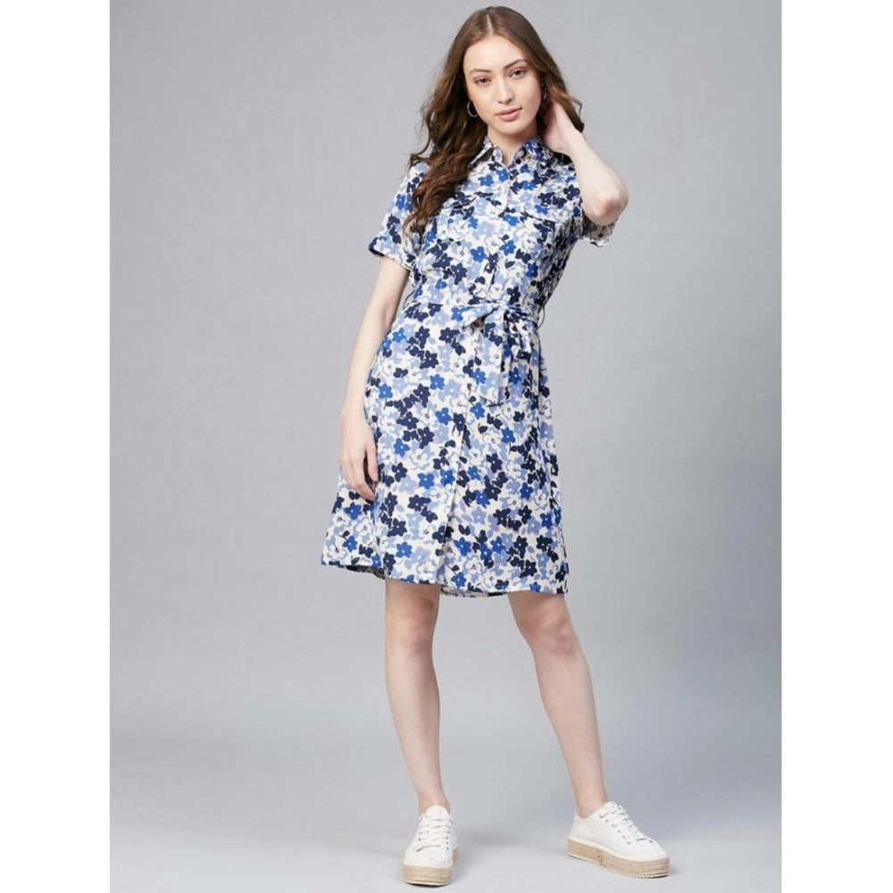 Women's Polyester Floral Short Sleeve Above Knee Dress (Blue - White)