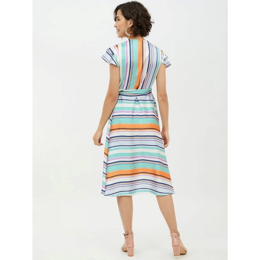 Women's Satin Striped Short Sleeve Knee-Length Dress (Multicolor)