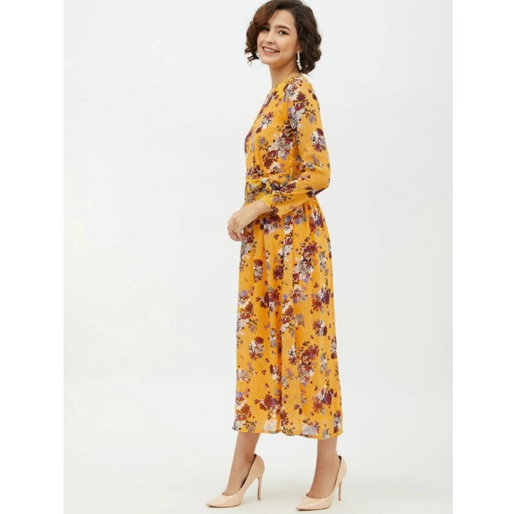 Women's Polyester Floral Long Sleeves Calf-length Dress (Multicolor)
