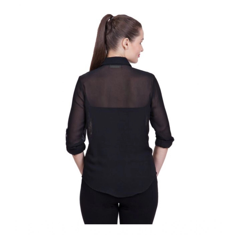 Women's Polyester Printed Roll Up Sleeve Standard Length Shirt (Black)