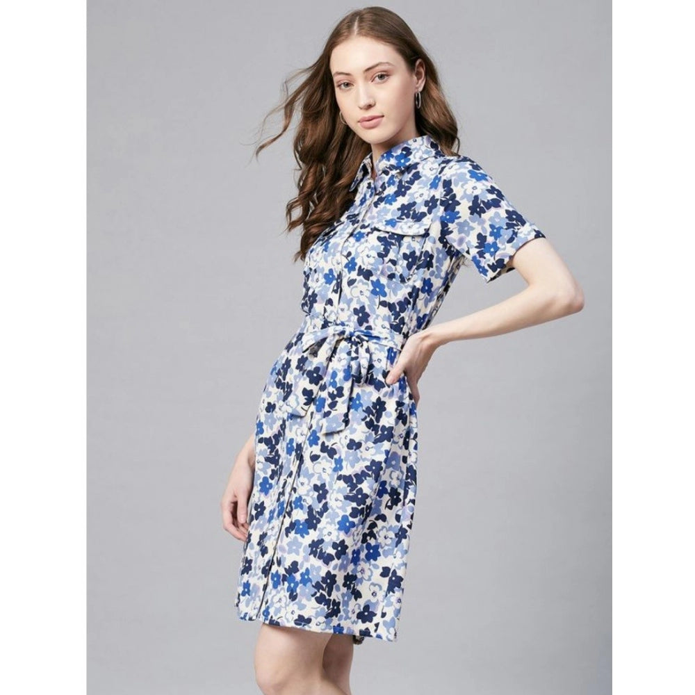 Women's Polyester Floral Short Sleeve Above Knee Dress (Blue - White)