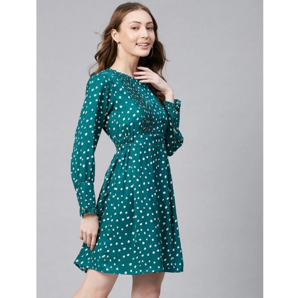 Women's Polyester Polka Long Sleeves Above Knee Dress (Green - White)