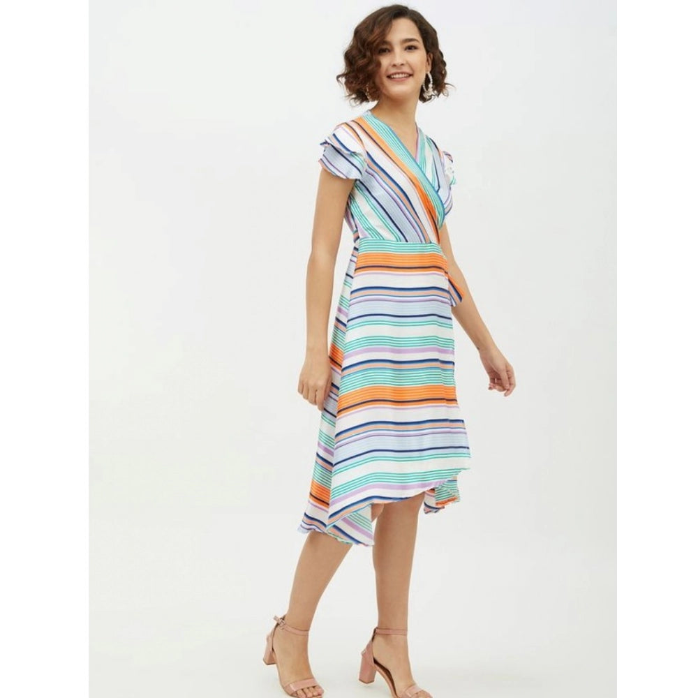 Women's Satin Striped Short Sleeve Knee-Length Dress (Multicolor)