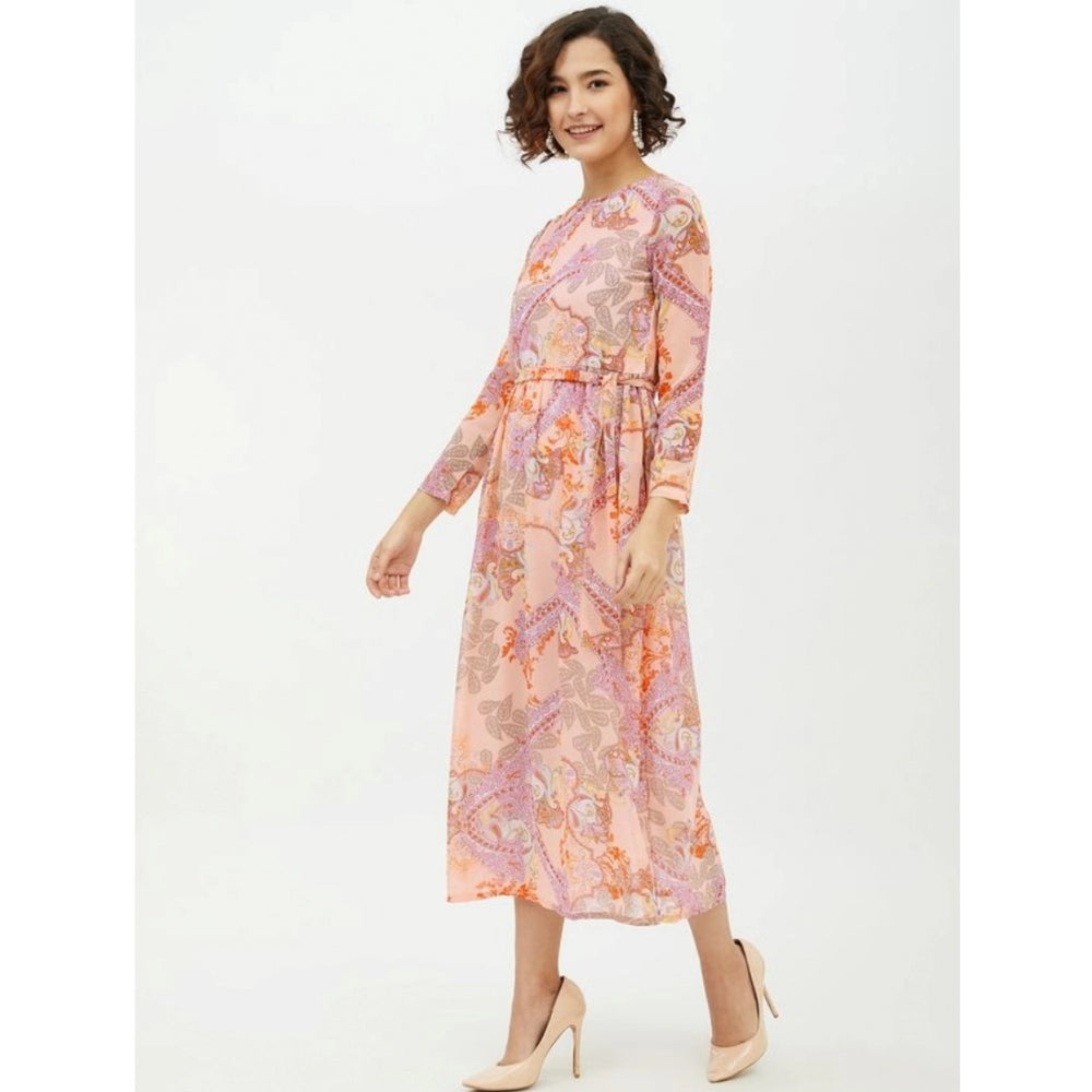 Women's Polyester Printed Long Sleeves Calf-length Dress (Multicolor)