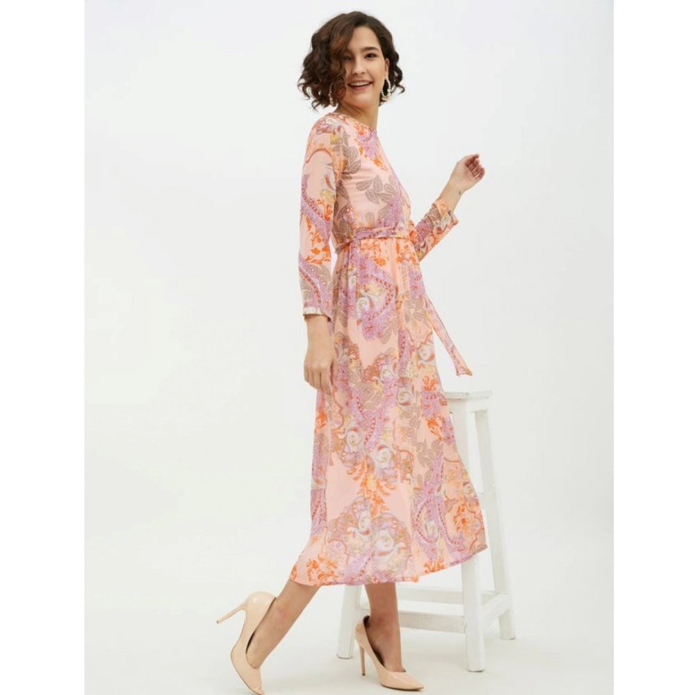 Women's Polyester Printed Long Sleeves Calf-length Dress (Multicolor)