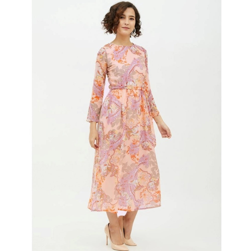 Women's Polyester Printed Long Sleeves Calf-length Dress (Multicolor)