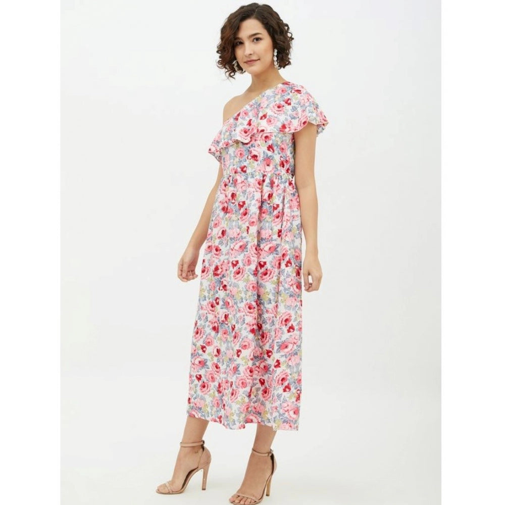 Women's Polyester Floral One Shoulder Calf-length Dress (Multicolor)
