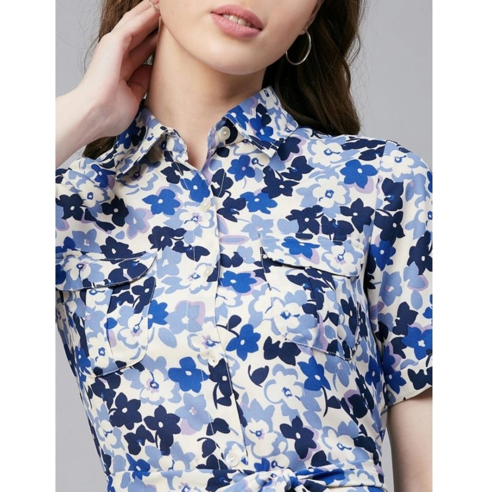 Women's Polyester Floral Short Sleeve Above Knee Dress (Blue - White)