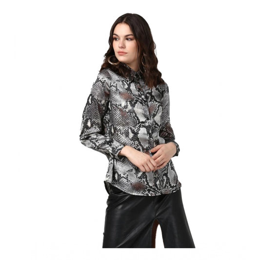 Women's Satin Animal Print Long Sleeves Standard Length Shirt (Black - Grey)