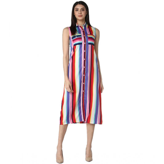 Women's Polyester Striped Sleeveless Calf-length Dress (Multicolor)