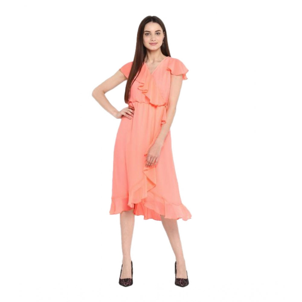Women's Polyester Ruffled Cap Sleeve Below Knee Dress (Neon Pink)