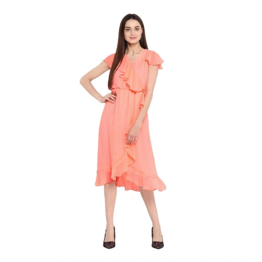 Women's Polyester Ruffled Cap Sleeve Below Knee Dress (Neon Pink)