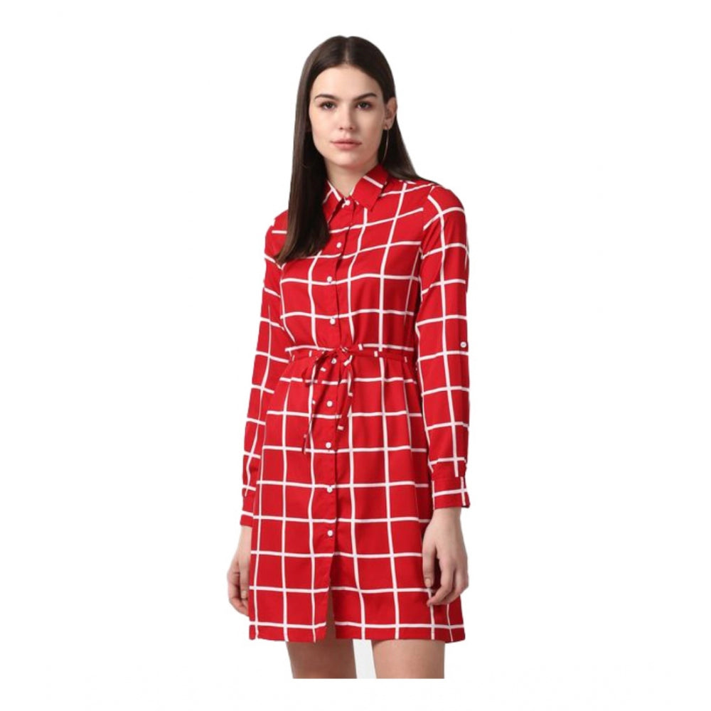 Women's Polyester Checkered Long Sleeves Above Knee Dress (Red)