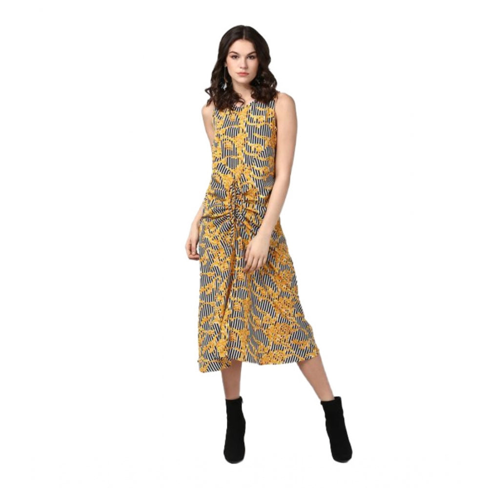 Women's Polyester Chain Print Sleeveless Below Knee Dress (Yellow - Black)
