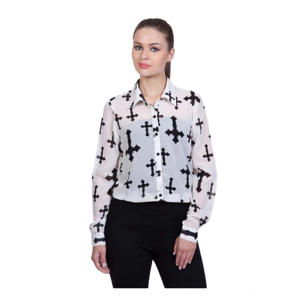 Women's Polyester Printed Long Sleeves Standard Length Shirt (White)