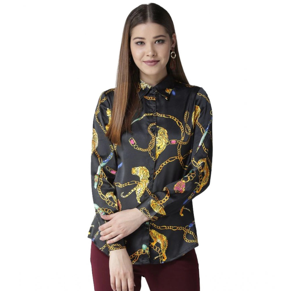 Women's Satin Printed Long Sleeves Standard Length Shirt (Black - Gold)