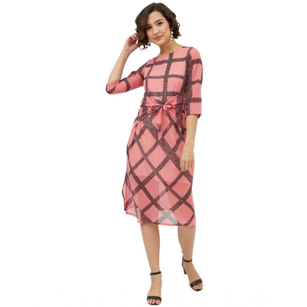 Women's Polyester Checkered 3-4th Sleeves Below Knee Dress (Pink)
