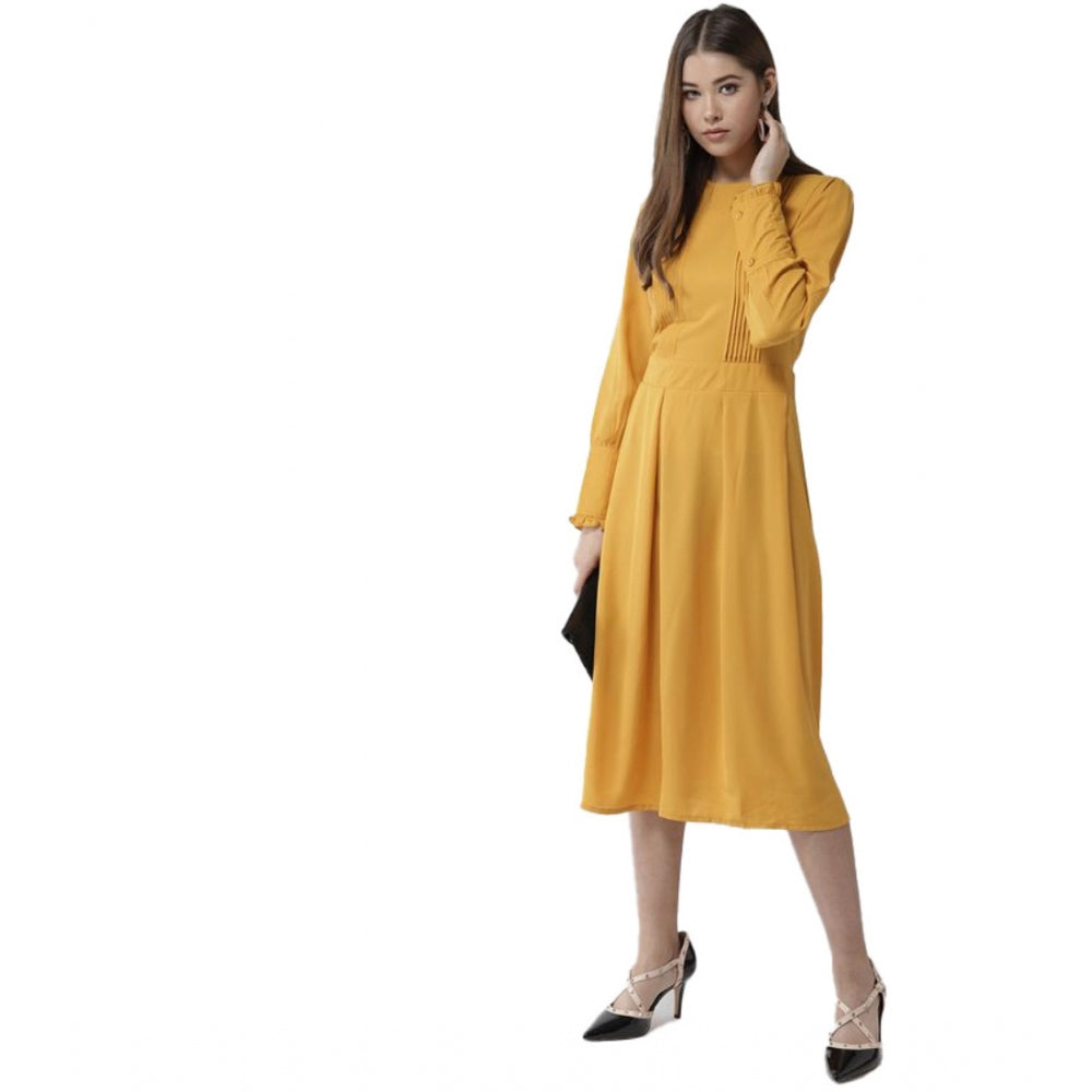 Women's Polyester Pintuck Long Sleeves Below Knee Dress (Yellow)