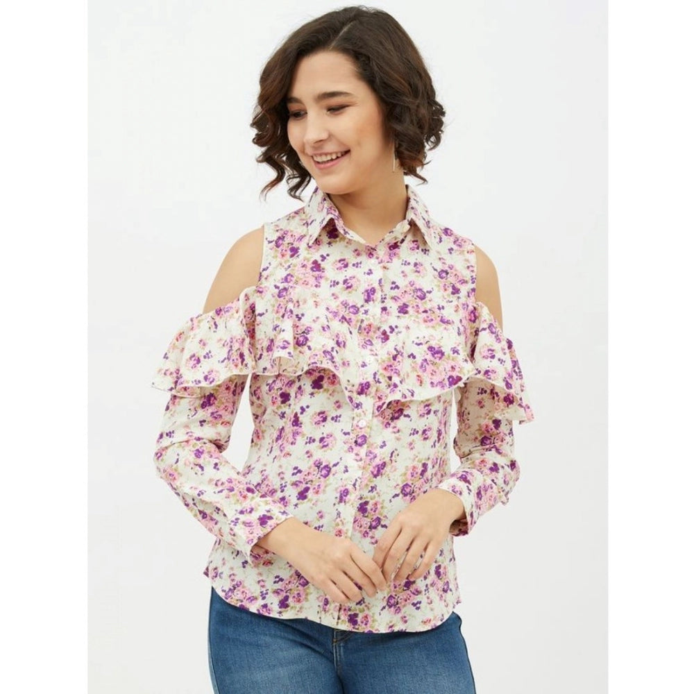Women's Polyester Floral Cold Shoulder Standard Length Shirt (White)