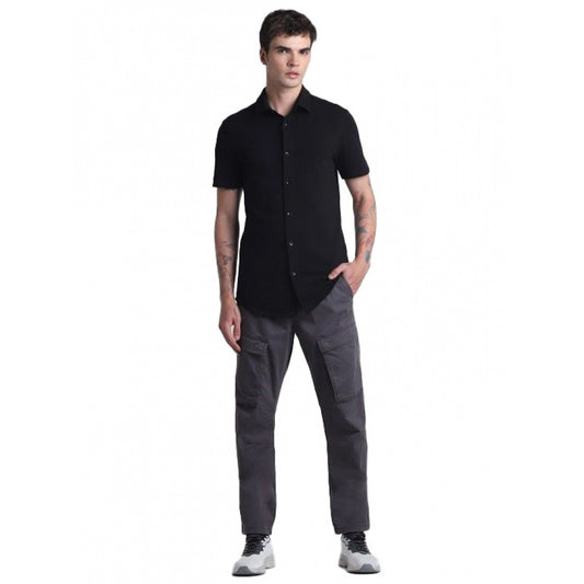 Men's Cotton Blend Solid Half-Sleeve Regular Shirt (Black)