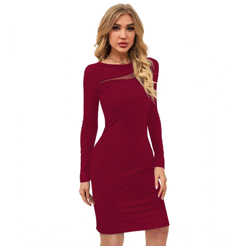 Women's Knitting stretchable Solid Round Neck Full Sleeve Dress (Maroon)