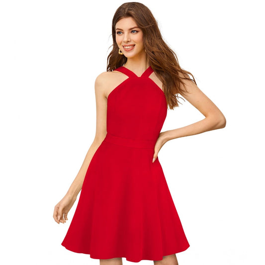 Women's Knitting stretchable Solid Halter Neck Sleeveless Dress (Red )