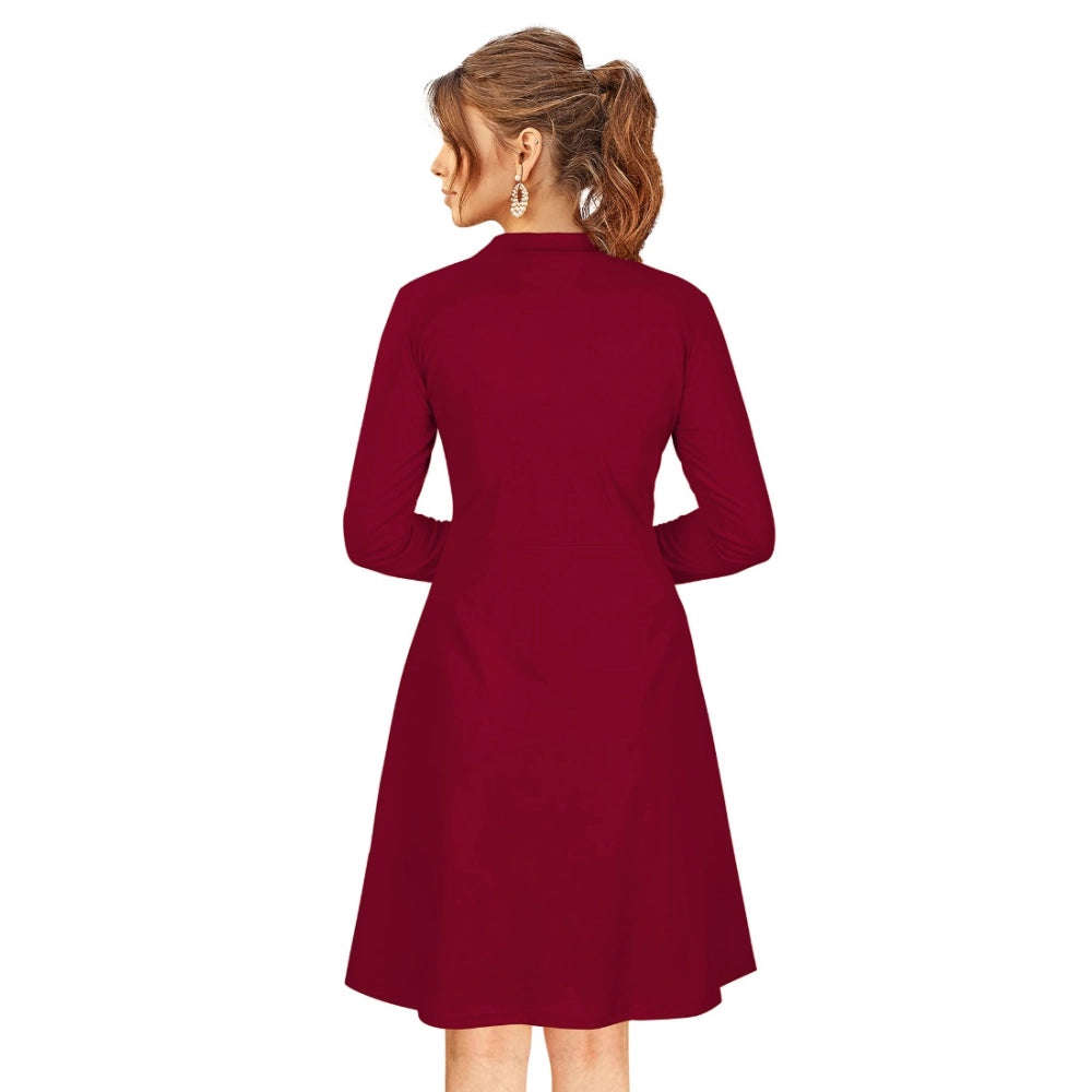 Women's Knitting stretchable Solid Round Neck Full Sleeve Dress (Maroon)