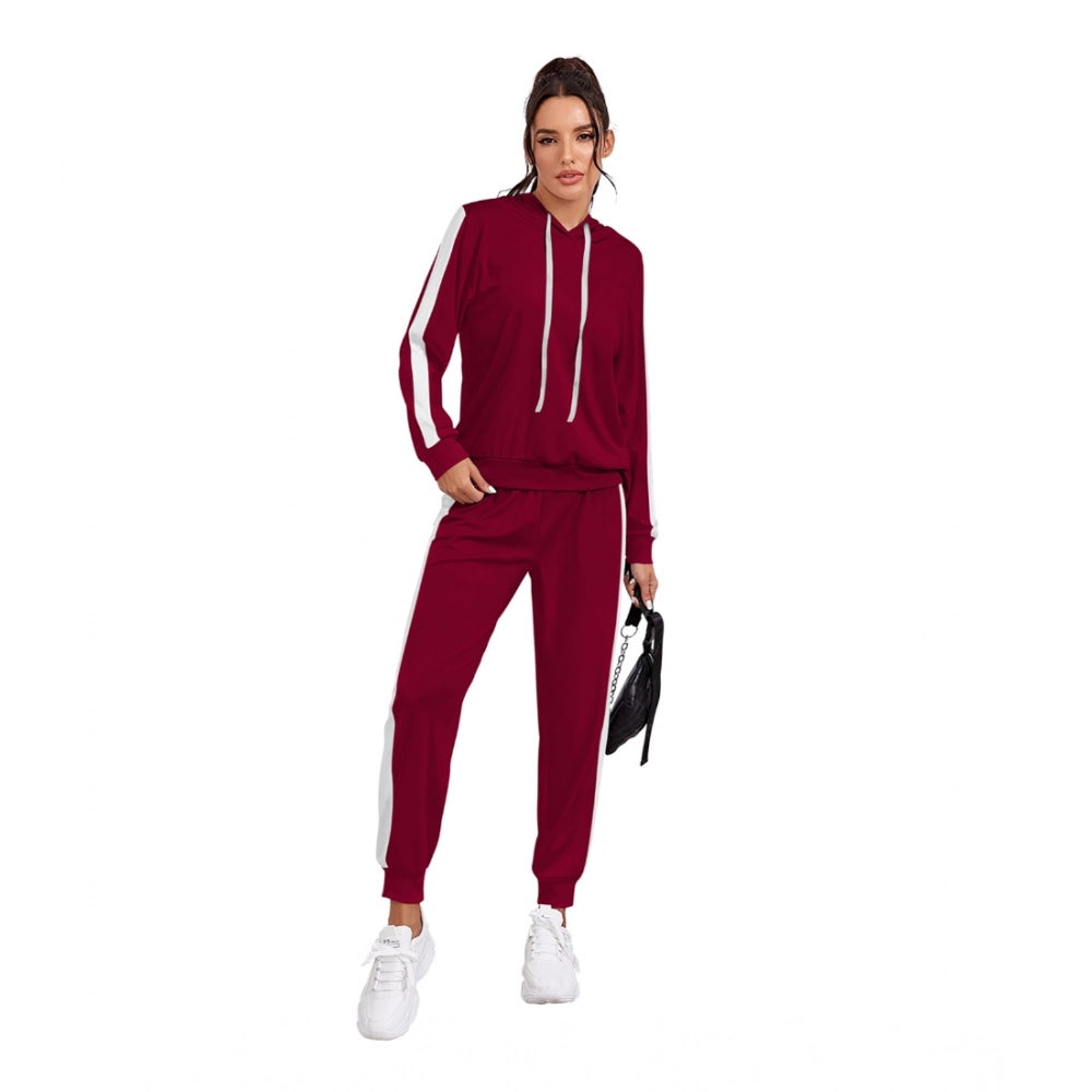 Women's Knitting stretchable Solid Hooded Neck Full Sleeve Track Suit (Maroon)