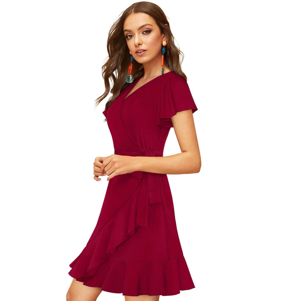 Women's Knitting stretchable Solid V Neck Flaired Sleeve Dress (Maroon )