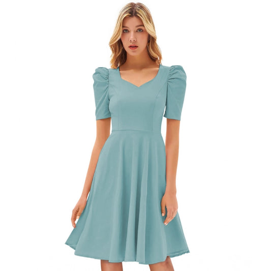 Women's Knitting stretchable Solid V Neck Cap Sleeve Dress (Pista)