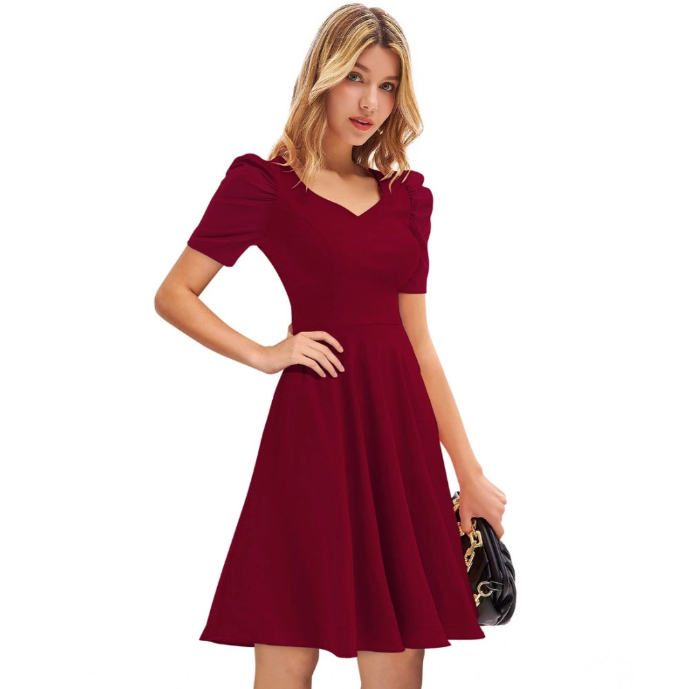 Women's Knitting stretchable Solid V Neck Cap Sleeve Dress (Maroon)