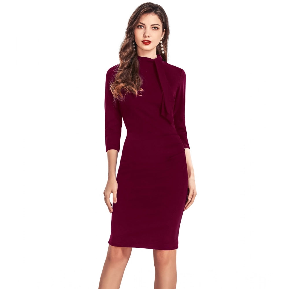 Women's Knitting stretchable Solid Round Neck 3-4th Dress (Maroon)