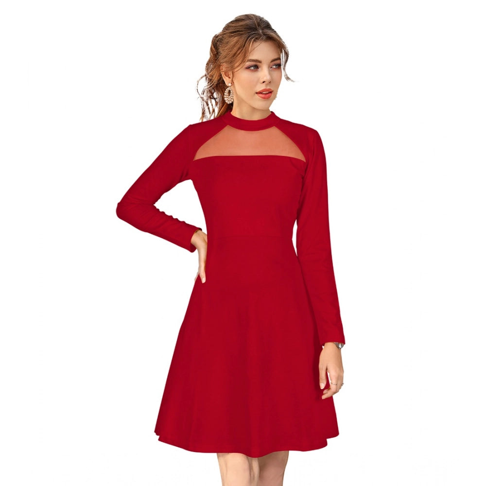 Women's Knitting stretchable Solid Round Neck Full Sleeve Dress (Red)