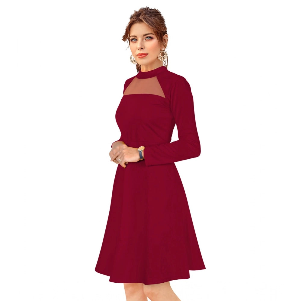 Women's Knitting stretchable Solid Round Neck Full Sleeve Dress (Maroon)