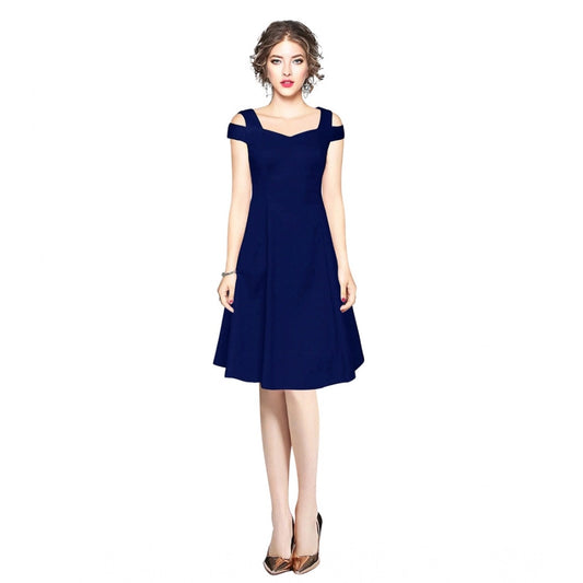 Women's Polyester Solid V Neck Cap Sleeve off Shoulder Dress (Blue)