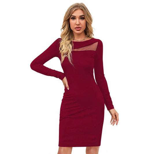 Women's Knitting stretchable Solid Round Neck Full Sleeve Dress (Maroon)
